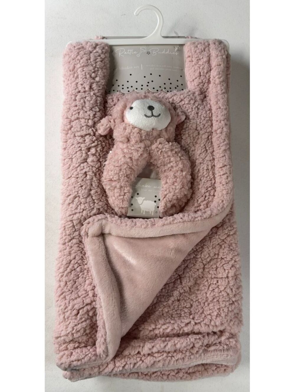 Rattle Buddies Pink Lamb Baby Blanket & Plush Rattle Set 30x40 NWT